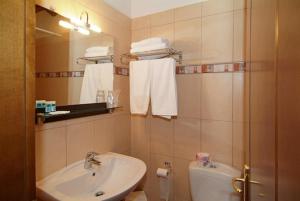 La salle de bains est pourvue d'un lavabo, de toilettes et d'un miroir. dans l'établissement Hotel Varonos, à Delphes
