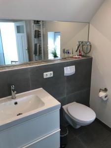 ein Badezimmer mit Waschbecken, Toilette und Spiegel in der Unterkunft Ferienwohnung Sonnentraum in Bannesdorf + 30 Fotos