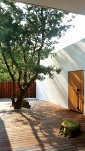 a tree on a wooden floor next to a building at Aroundthetree Hermitage in Shitan