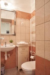 Un baño con lavabo, inodoro y espejo. en CLAUDIA Apartments Budapest, en Budapest 33 fotos más