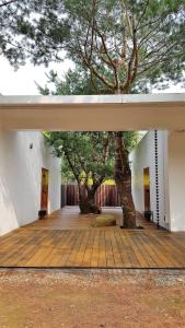 una terraza de madera con un árbol en el medio en Aroundthetree Hermitage, en Shitan