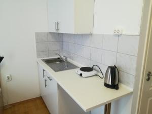 a kitchen with a sink and a stove at Capital Guesthouse Budapest in Budapest