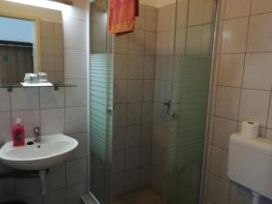 a bathroom with a shower, sink, and mirror at Capital Guesthouse Budapest in Budapest