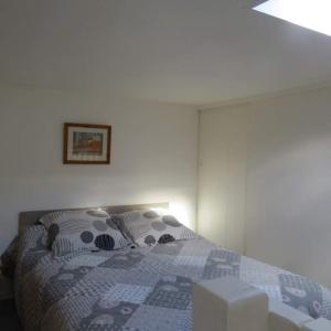 um quarto com uma cama com uma colcha azul e branca em Maisonnette 4 personnes Port Leucate 4HAW444 em Leucate