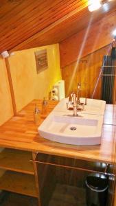 プッチェルダーにあるApartamento Mirador De Masellaの木製のカウンターに白い洗面台が備わったバスルーム