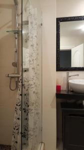a bathroom with a shower with a sink and a mirror at 3M in Gijón