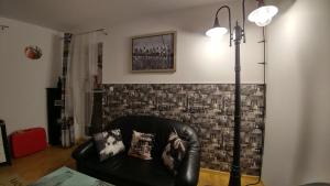 salon z czarną skórzaną kanapą i lampą w obiekcie Polhouse Apartamenty w mieście Rzeszów