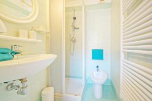 a bathroom with a shower and a sink and a toilet at Calle dei Fabbri Apartment in Venice
