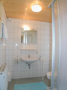 a bathroom with a sink and a mirror and a toilet at Gästehaus Linder Ferienwohnungen in Mittelberg