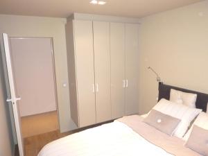 een slaapkamer met een bed en een grote kast bij Cap Horn 0203 in Koksijde