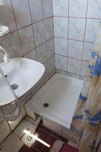 a bathroom with a shower and a tub and a sink at Apartmani Teodor in Soko Banja