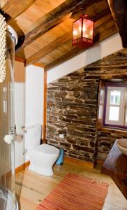 a bathroom with a toilet and a stone wall at Piódão Casa do Rosmaninho TER in Coja