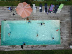 a group of people swimming in a pool with an umbrella at Studio des Perriots in Englesqueville-la-Percée