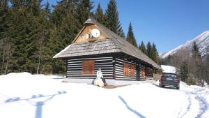 a small wooden cabin in the snow with a dog in front at Chata Telgart in Telgárt