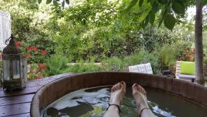 a persons feet in a hot tub in a garden at Tamar and Gefen in Mitzpe Hila