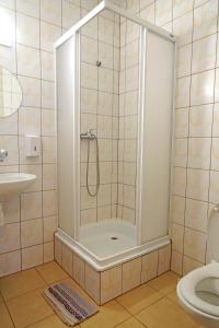 a shower in a tiled bathroom with a toilet at DW Mieszko in Karpacz