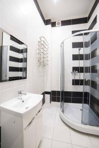 La salle de bains blanche est pourvue d'une douche et d'un lavabo. dans l'établissement Chornovola 11 Apartment Lviv Centre, à Lviv