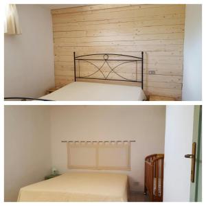 a bedroom with a bed and a wooden wall at Villa Marina in Villasimius