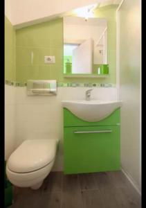a green bathroom with a toilet and a sink at Rainbow in Castellammare del Golfo