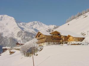 uma grande casa de madeira numa montanha coberta de neve em Apartmenthaus Gutwenger em Innervillgraten