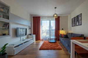 salon z kanapą i telewizorem w obiekcie Apartamenty Starówka - Melody w Szczecinie
