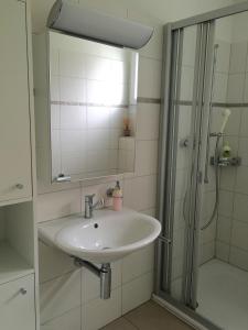 a bathroom with a sink and a shower with a mirror at Charming Studio near Rotsee Lucerne Kitchen/WiFi/Wasching machine in Luzern