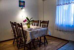a dining room table with a potted plant on it at Apartman Đina in Risika