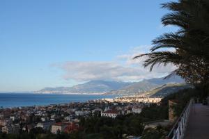 Blick auf eine Stadt mit einer Palme und das Meer in der Unterkunft House Orsa Maggiore by Holiday World in Bordighera