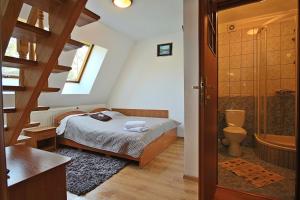 Un dormitorio con una cama y un baño con ducha. en Ośrodek Wypoczynkowy Baca, en Poronin 17 fotos más