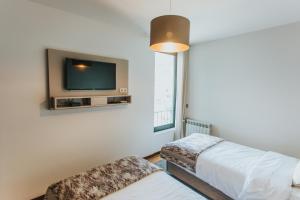 um quarto com duas camas e uma televisão na parede em Magnolia Apartment no Gerês