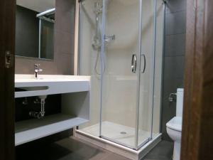 a bathroom with a shower and a sink and a toilet at Apartamentos Clarín in Oviedo