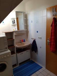 a small bathroom with a sink and a washing machine at PEKW6A103-FeWo-Kievitt in Petersdorf auf Fehmarn