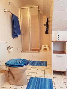 een badkamer met een douche en een toilet met een blauwe stoel bij PEKW6A103-FeWo-Kievitt in Petersdorf auf Fehmarn