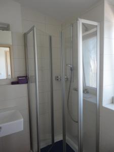 ein Bad mit einer Dusche und einem Waschbecken in der Unterkunft Zum Talhof in Reichenau
