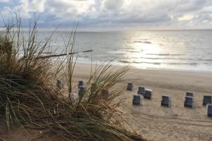 - une plage avec une rangée de chaises sur le sable dans l'établissement Wohnung-Westerlandblick, à Westerland