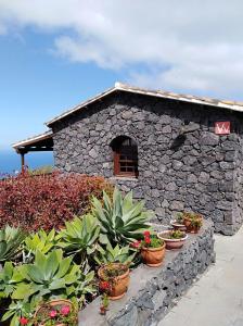a stone building with potted plants in front of it at Casa Domingo Simón in Fuencaliente de la Palma