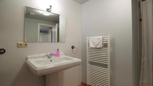 a white bathroom with a sink and a mirror at FerienGut Dalwitz Verwalterhaus in Walkendorf