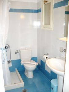 a blue and white bathroom with a toilet and a sink at Hotel Filoxenia in Aegiali