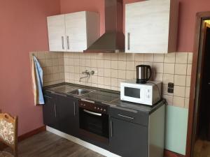 eine Küche mit Spüle und Mikrowelle in der Unterkunft Wagner Ferien Apartments in Essen