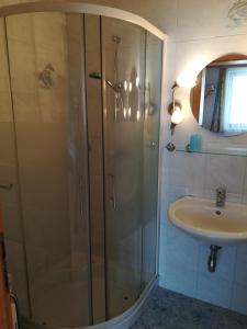 W łazience znajduje się prysznic i umywalka. w obiekcie Sinsamreith, Familie Ensmann w mieście Göstling an der Ybbs