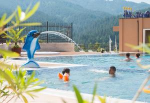 un grupo de personas en una piscina con una fuente de delfines en Park Hotel and SPA Vella Hills, en Velingrad