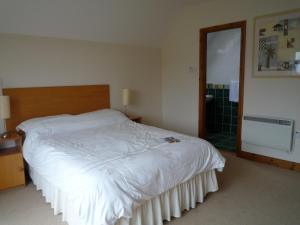 a bedroom with a large white bed and a shower at Galway Bay Lodge in Oranmore