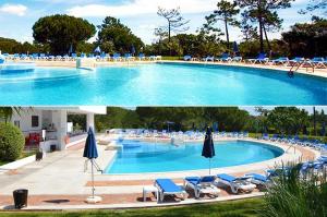 two pictures of a swimming pool with chairs and umbrellas at THE LAKERS Boutique Apartment in Quinta do Lago