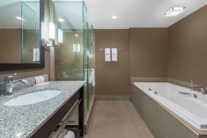 a bathroom with a tub and a sink and a shower at Ramada Plaza by Wyndham Niagara Falls in Niagara Falls