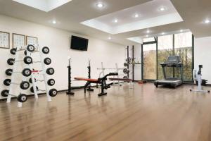 a fitness room with a gym with treadmills and weights at Ramada by Wyndham Tashkent in Tashkent