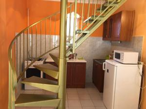 a kitchen with a spiral staircase next to a refrigerator at Napsugár Vendégház in Kehidakustány