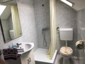 a bathroom with a sink and a toilet and a shower at Napsugár Vendégház in Kehidakustány