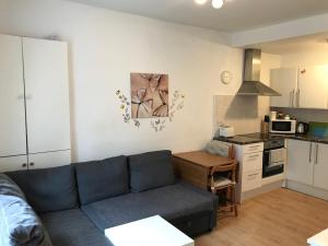 salon z niebieską kanapą i kuchnią w obiekcie Edinburgh Central Apartment w Edynburgu