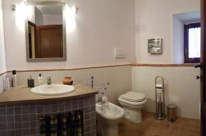a bathroom with a sink and a toilet and a mirror at Da Simone podere santi Lucia e Pietro in Siena +21 photos