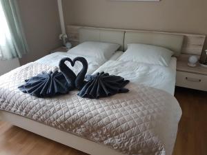 Twee zwanen zitten op een bed. bij Ferienhaus Richter in Bad Schandau